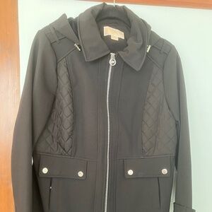 Michael Kors Women's Hooded Black Faux Fur Lined Coat - Petite Large